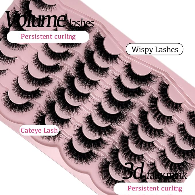 Mink Lashes Fluffy Natural Cat Eye Strip Lashes Pack Wispy C Curl 3D Cateye False Eyelashes Natural Look Faux Mink Eyelashes Bulk