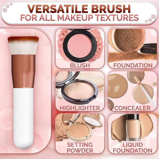 Flat Top Kabuki Foundation Brush – Even-Tone Skin in Seconds, Dense Synthetic Bristles, Aluminum & Plastic Handle, Streak-Free Full Coverage Finish – Makeup Foundation Brush for Liquid, Cream, Powder