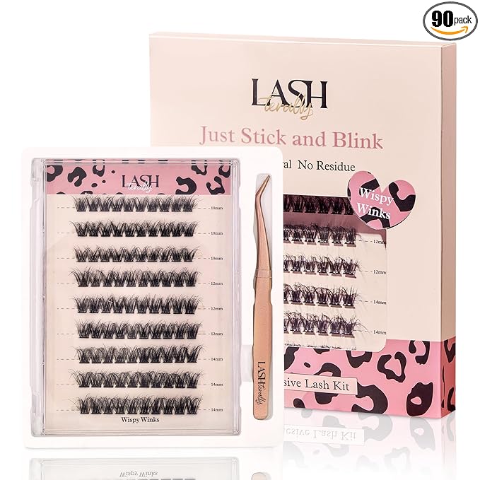 Self Adhesive Eyelashes Glue Free Easy Removal lash Extensions Natural Classic Wispy Winks 10-14mm Version 5D Upgrade D Curl Thick Press on Natural False Eyelashes 90 Lash Clusters Kit