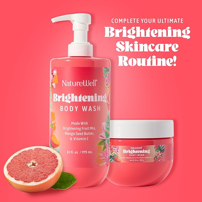 NATURE WELL Brightening Body Wash, Gentle & Creamy Formula Enriched with Mango Seed Butter & Vitamin C, Promotes a Luminous & Healthy-Looking Glow, Orange Zest, Blushed Rose, & Vanilla Scent, 33 Oz