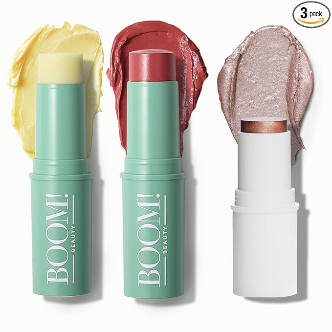 Boomstick Trio ® Rose Nude 3 Pack Cream Blush Makeup - Rose Nude Blush Stick, Highlighter Stick & Moisturizer for Cheeks, Eyes & Lips - Boom Sticks by Cindy Joseph for Older Women