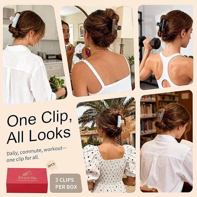 3Pcs Rectangle Hair Claw Clips for Women, 3.8" Premium PC Material Non-Slip Strong Hold Hair Claw for Thick Thin Hair, Durable Comfortable Jaw Clip Large Stylish Hair Accessories Gift Box Set