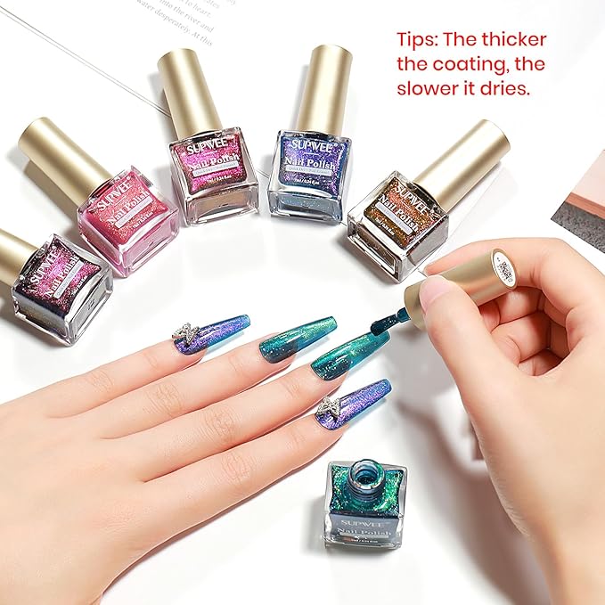 Magnetic Glitter Cat Eye Nail Polish Set, Quick Dry Cateye Nail Polish Non Gel, Multi-Color Holographic Nail Lacquer with Magnet High Glossy DIY Salon for Women Girl