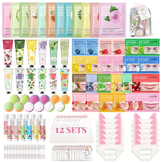 120 PCS Spa Party Supplies for Girls, Sleepover Party Supplies for Girls, Skincare Set, Include Face & Lip Masks, Foot Bath Bombs, Hand Cream, Lip Balm, Under Eye Patches, Spa Party Favors