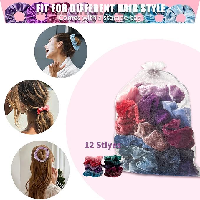 12 Pcs Scrunchies for Women, Velvet Hair Scrunchie Bulk, Girls Hair Accessories for Ponytail Holder, Colorful Hair Scrunchies for Girls Party Favors(Vintage Colorful)