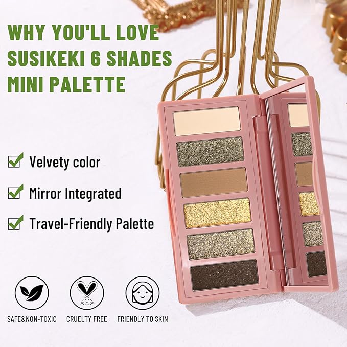 SUSIKEKI Neutral Nude Matte & Shimmer Eyeshadow Palette with Brush - 6 Colors Mini Travel Size, Highly Pigmented Olive-colored Tone Eye shadow, Long Lasting Vegan Makeup Palette for Daily Use 04