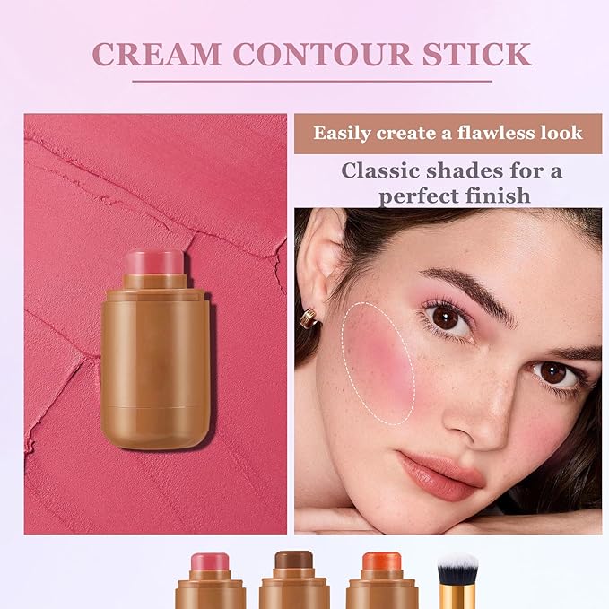 3Pcs Cream Contour Stick Makeup Kit with Makeup Brush,Shades with Highlighter,Brush Stick,Cream Bronzer for Sculpt the Cheeks,Long-lasting Waterproof Lightweight Contour Set C