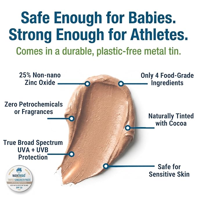 Waxhead Tinted Reef-Safe Mineral Sunscreen SPF 30 Zinc Oxide, Tint Zinc Face Sunscreen for Surfing & Swimming, Zinc Paste Sunblock for Nose & Face, Matte Finish, Travel Size 2 oz Tin