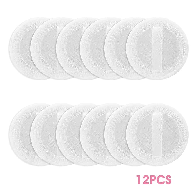 Sibba Loose Powder Make up puff 12 Pieces Round Velour Face Makeup Compact Body Container Setting Pressed Blending Foundation Cream Make Up Ribbon Strap Sponge Cushion Applicator (White)