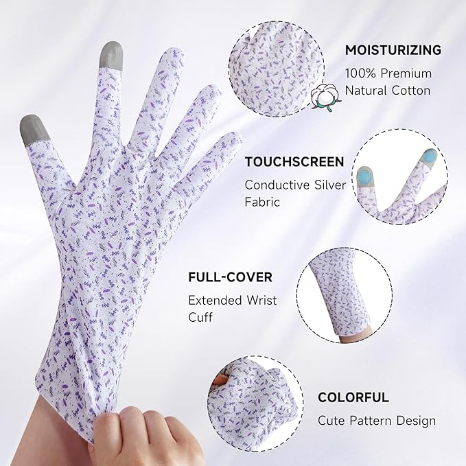 HandLove Premium 100% Cotton Gloves | Moisturizing Gloves for Dry Hands | Overnight Sleeping & Eczema | Touchscreen Friendly | Extended Wrist White Gloves & Lavender Dots, 2Pairs