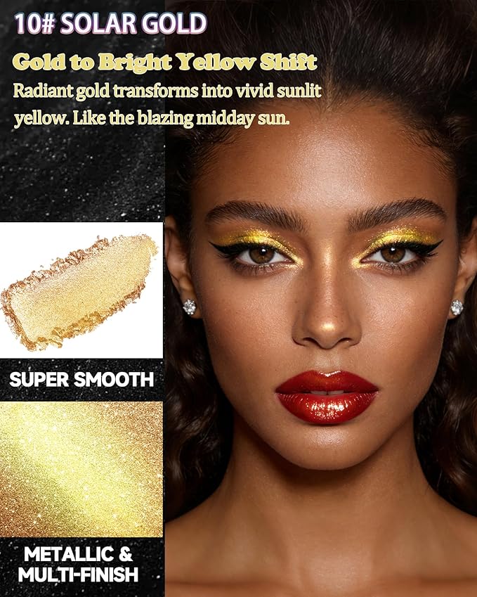 Chameleon Duochrome Glitter Eyeshadow Palette, Holographic Shimmer Single Eye Shadow Palettes, Color Shift Sparkle Iridescent, Multichrome Metallic Eye Brightener Highlighter Makeup-10 Solar Gold