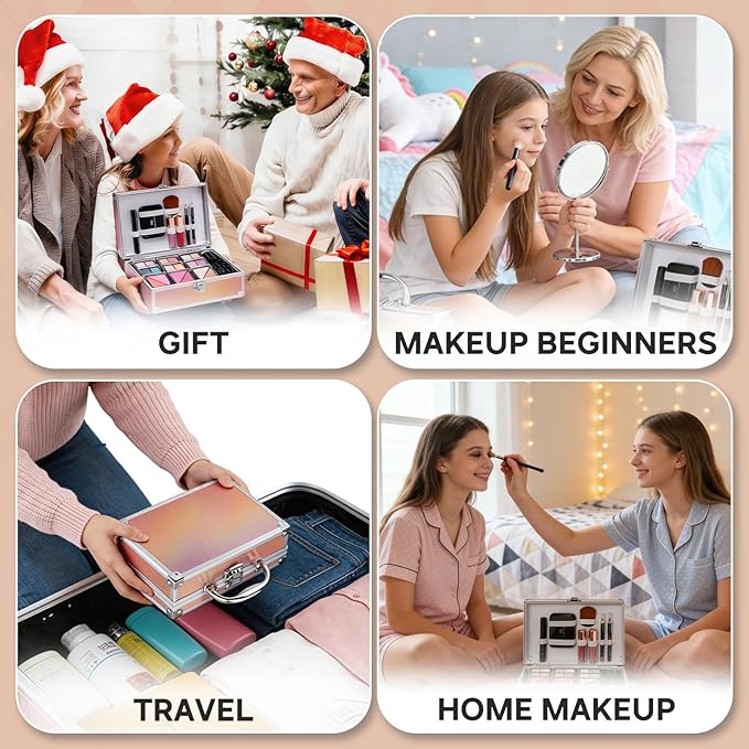 Color Nymph Beginner Makeup Kits For Teens With Train Case Included Full Makeup Kit Eyeshadow Palette Blushes Bronzer Highlighter Lipstick Brushes Mirror（Gold）