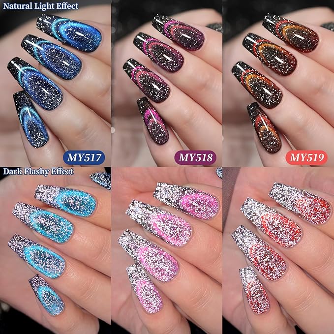Born Pretty Reflective Glitter Cat Magnetic Eye Gel Nail Polish Chameleon Holorgraphic Glitter Sparkly Shiny Disco DJ LED Magnetic Gel Polish Nail Varnish 6PCS 7ML