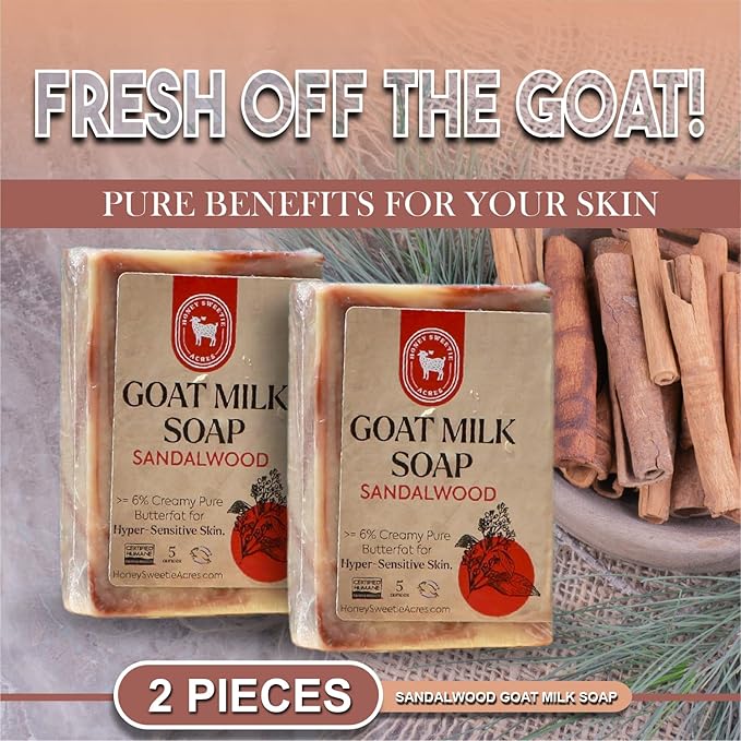 Honey Sweetie Acres 2-Pack Sandalwood Goat Milk Soap - Handmade 5 oz Bar, Made with Natural Ingredients, Moisturizing & Gentle, Made in the USA