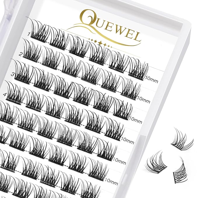 QUEWEL Lash Clusters 72 Pcs Wide Stem Individual Lashes C/D Curl 8-16mm Length DIY Lash Extension Soft False Eyelashes Wispy Cluster Lashes Easy to Create Natural Look At Home(Natural-D-10mm)