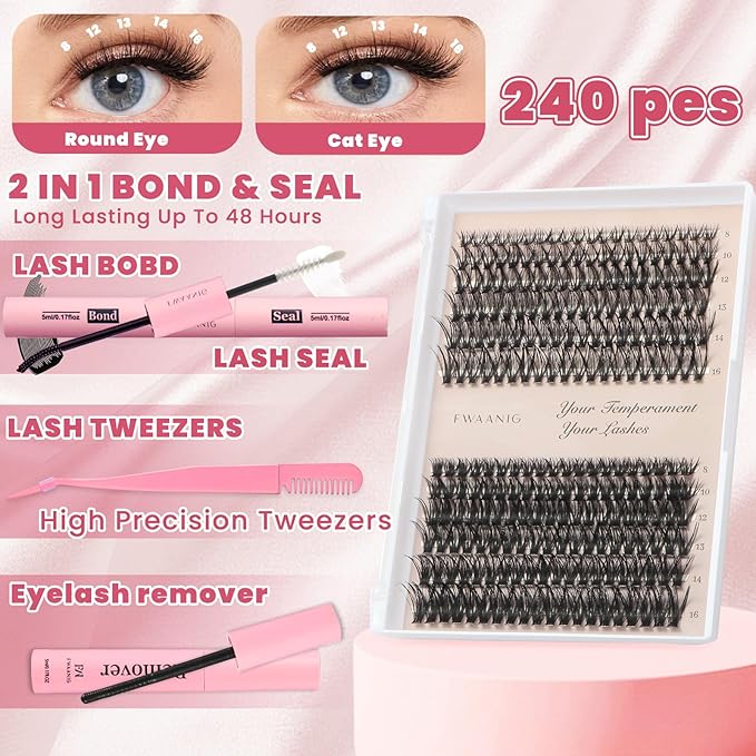 False Eyelash Lash Clusters Kit, Fuller Wispy Lashes for Everyday Glam, Complete Lash Kit with Bond, Seal & Remover, 240PCS 8-16mm with Tweezers and Brush