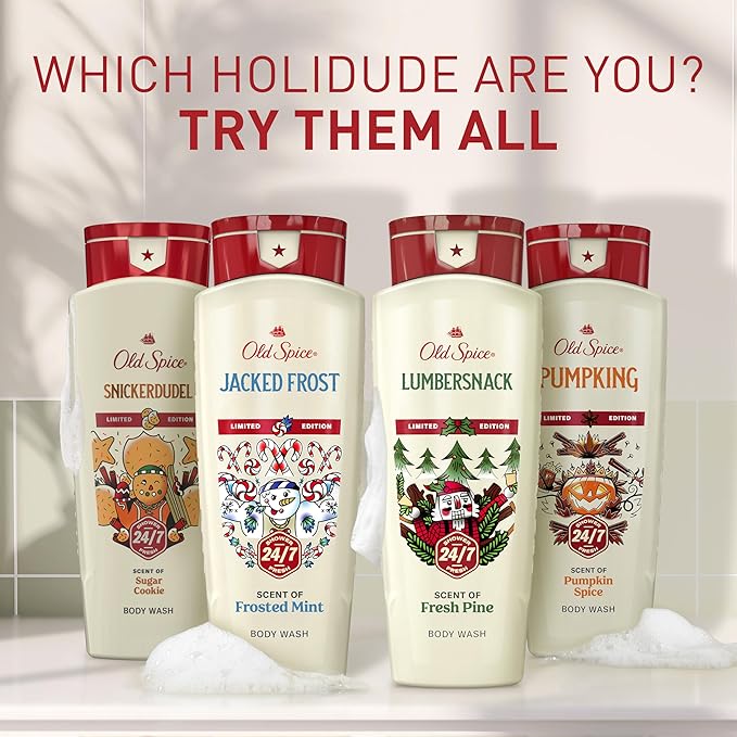 Old Spice Body Wash for Men, Holidudes Holiday Edition, 24/7 Holiday Freshness, Lasting Scent and Rich Lather, Stocking Stuffer, Lumbersnack with Fresh Pine Scent, 16 oz (Pack of 4)