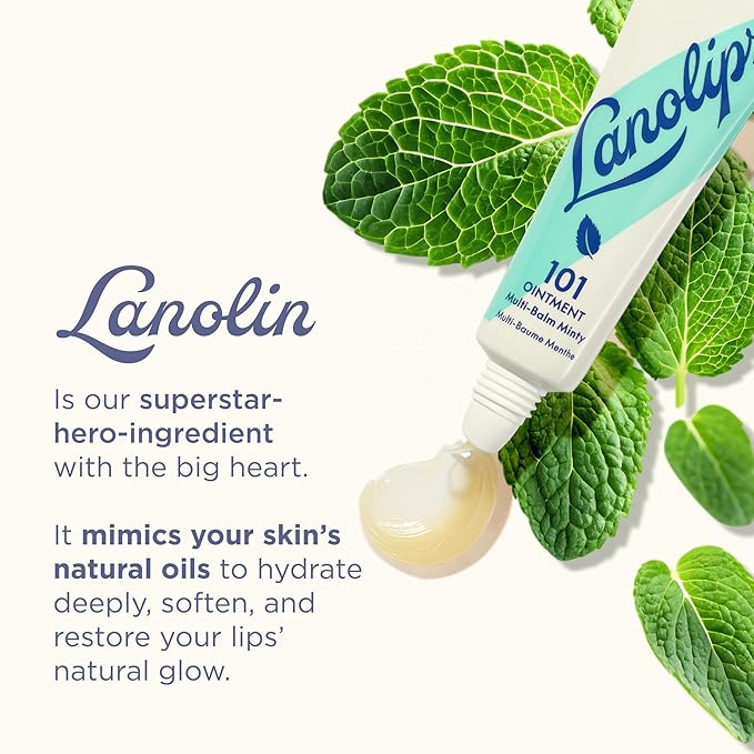 Lanolin 101 Multipurpose Ointment - Lanolin Lip Balm & Healing Ointment for Skin Barrier Repair - Moisturizer for Dry Lips, Cuticles & Elbows - No Petroleum Formula - Peppermint (0.35 oz)