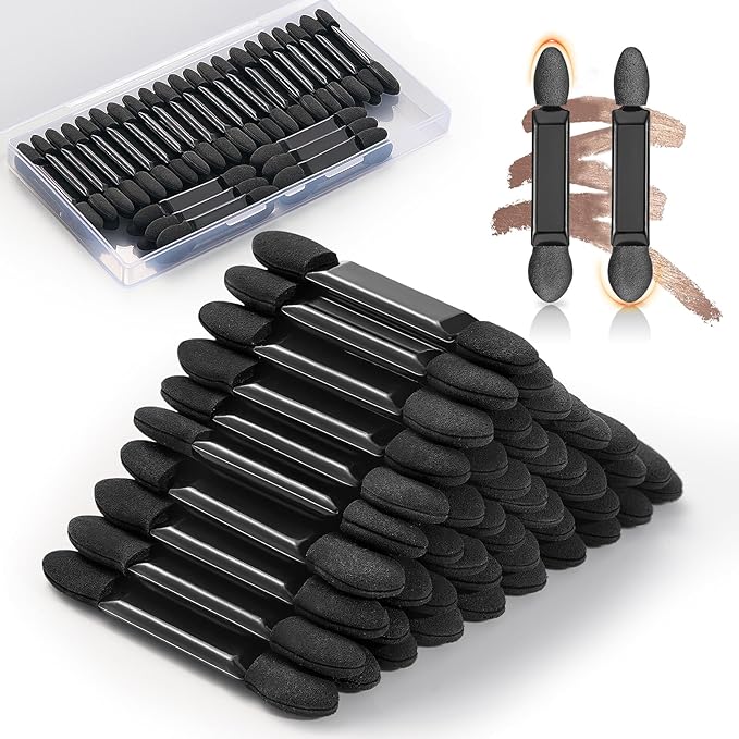 MORGLES 50Pcs Double Ended Eyeshadow Applicators Sticks with Organizer, Disposable Makeup Applicators, Sponge Tip Eye Shadow Brush Bulk