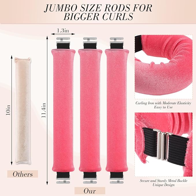 Heatless Curlers, Heatless Curls Overnight Set for Women, No Heat Hair Curlers to Sleep In, Jumbo Overnight Curls with Blowout Rods for Long Hair (Soft Pink, 3 Pack Curling Rod with 1 Scarf)