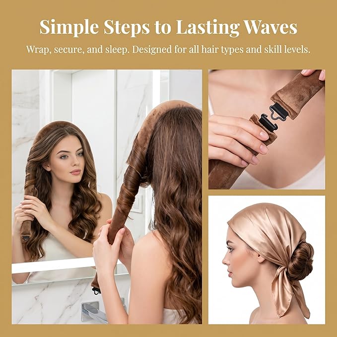 Heatless Curls Overnight Set, Overnight Blowout Rods, 3Pcs Jumbo Satin Hair Rollers to Sleep In, No-Heat Flexi Rods for Long Thick Hair, Soft No Damage Curling Rods for All Hair Types (Khaki)