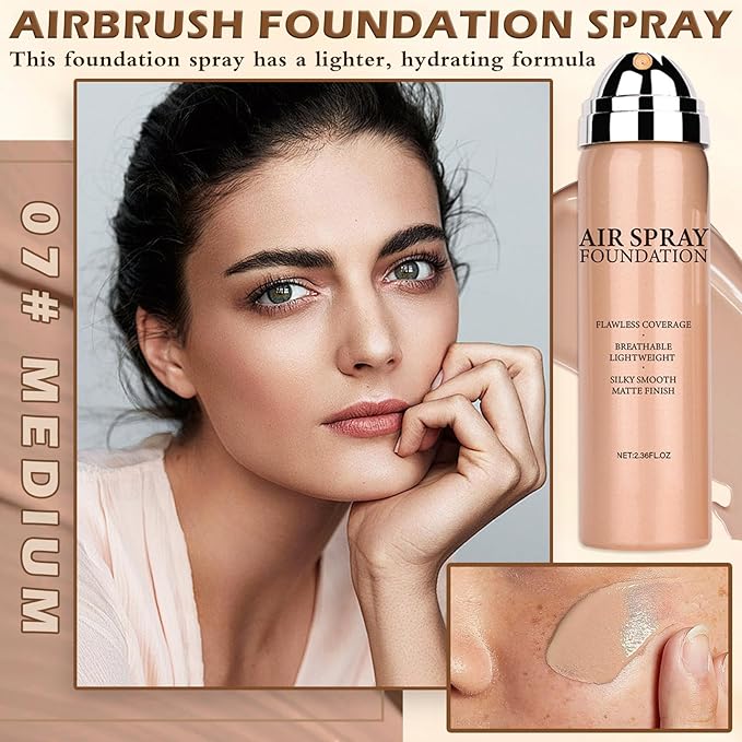 AIUEO Airbrush Makeup Foundation Spray, Lightweight Silky Mist Spray Full Coverage Foundation Makeup for Smooth Radiant Skin-07 Medium