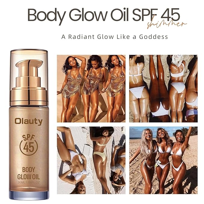 Shimmer Oil, SPF 45 Sunscreen Body Makeup Waterproof No Transfer Body Luminizer Lotion Glow for Women, Liquid Illuminator Bronzer for Body & Face, Long-lasting (Glistening Bronze)