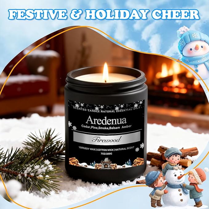 Firewood Candle – Winter Candles | Holiday Scented Candles, 7oz Jar Soy Candle for Home Scented - 50H Burn - Smoky Fireplace Cozy & Warm Scent, Christmas Holiday Décor Gifts for Women & Men