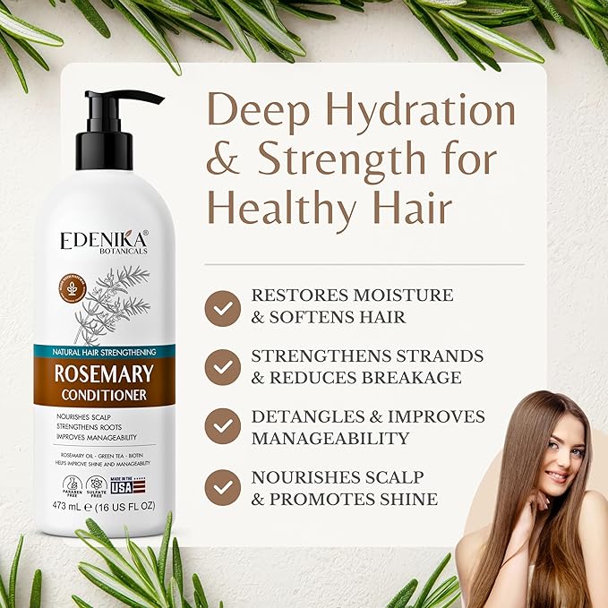 Edenika Botanicals Rosemary Oil Conditioner Treatment with Biotin for Thinning Hair, Anti-Hair Loss, Detangling, Nourishing & Strengthening, Women & Men, Sulfate-Free, Organic, 16 fl oz