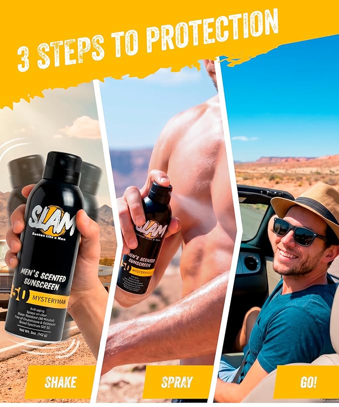 SLAM Men’s Sunscreen SPF 50 Spray - Broad Spectrum UVA/UVB Protection - Non-Greasy & No Harsh Chemicals - MysteryMan Sandalwood Tonka Bean Sage Cologne Scented - 2 Pack