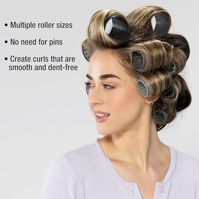 Conair Heatless Curlers 31 Count - Heatless Curls Overnight, Assorted Sizes - Self Grip Hair Rollers - Hair Styling Tools - Black & Gray - w/Storage Case