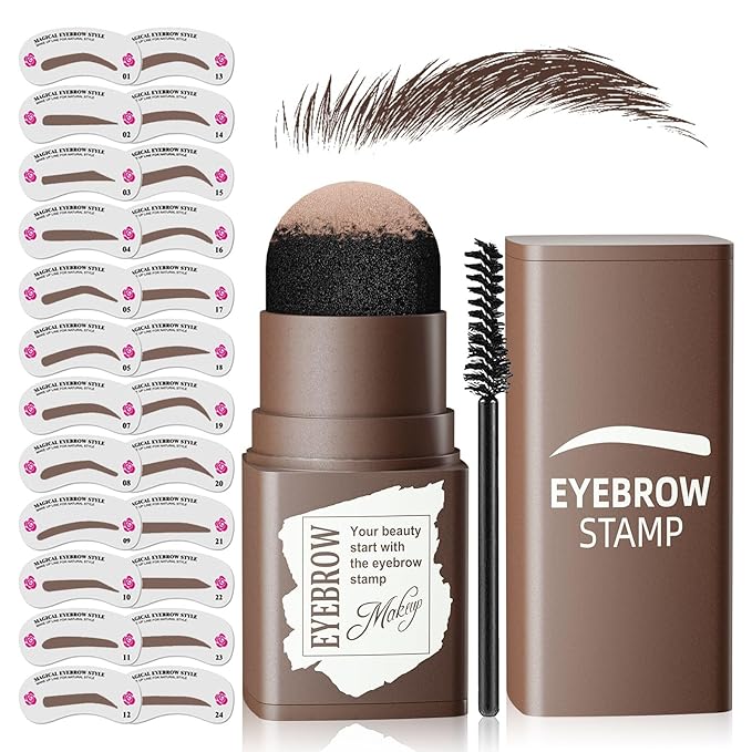 Eyebrow Stamp Stencil Kit - Eyebrow Powder with Brush Long-Lasting & Waterproof Brow Shaping Kit with 24 Reusable Thin & Thick Eyebrow Stencils for Natural Eyebrow Color, Gifts for Mom (Dark Brown)