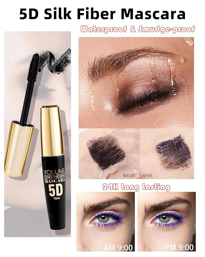 Black Waterproof Mascara for Eyelash, 5D Silk Fiber Lashes Extension Colored Tube Mascaras with Eyelash Brush, Long Lasting Curling Mascara Volume and Length, Eye Makeup Gift for Women
