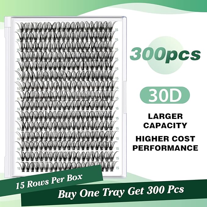 KEYYOU Lash Clusters 300pcs Individual Lashes, 30D 0.07D Curl 15mm DIY Eyelash Extension, Soft & Natural Volume Cluster Lashes with Large Tray