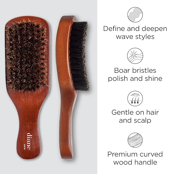 Diane Reinforced Boar Bristle Curved Club Wave Brush for Men and Barbers – Medium Bristles for Thick and Curly Hair – Use for Detangling, Smoothing, Wave Styles, Restore Shine and Texture