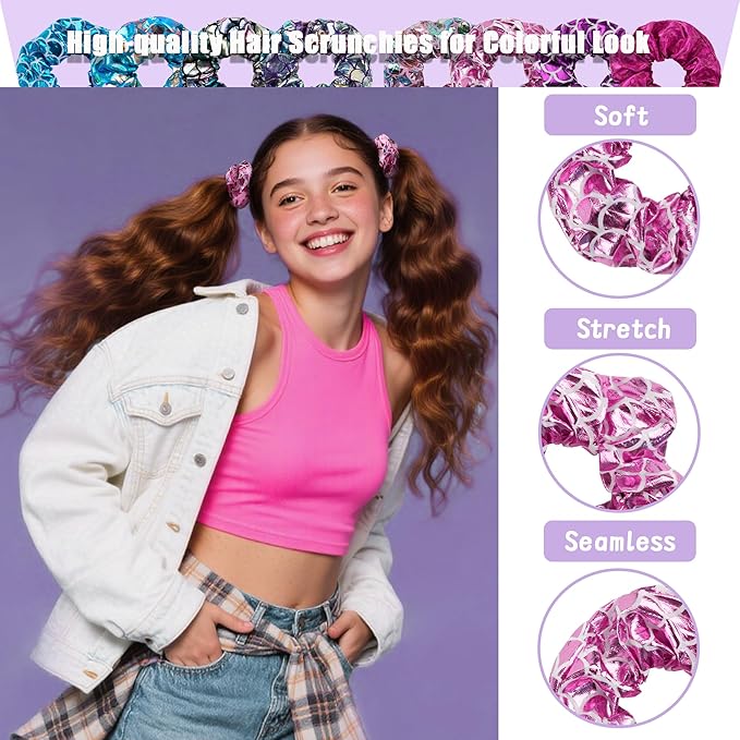12 Pcs Scrunchies for Women, Shiny Metallic Scrunchies for Girls, Soft Elastic Hair Bands for Ponytail Holder, Fasion Scales Hair Tie Ropes for Teens Party Favorts(Mermaid Scales)