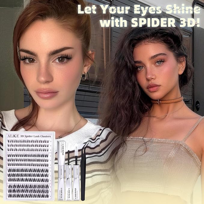 ALICE Spider Lash Clusters Kit Wispy Volume Cluster Eyelash Extension Kit 3D Natural Eyelash Clusters Kit 10mm-16mm Invisible Band Individual Lashes with White Bond and Seal