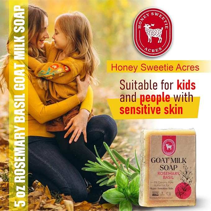 Honey Sweetie Acres Rosemary Basil Goat Milk Soap - Handmade 5 oz Bar, Made with Natural Ingredients, Moisturizing & Gentle, Made in the USA