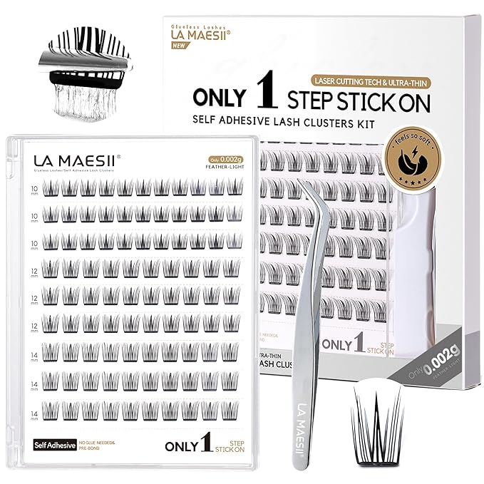 La Maesii Self Adhesive Eyelashes Kit, Natural Look 10-14mm Lash Clusters Kit Reusable Lash Clusters Pre-Glued DIY Eyelash Extensions, No Glue Needed, No Residue, Easy to Apply (Hybrid)