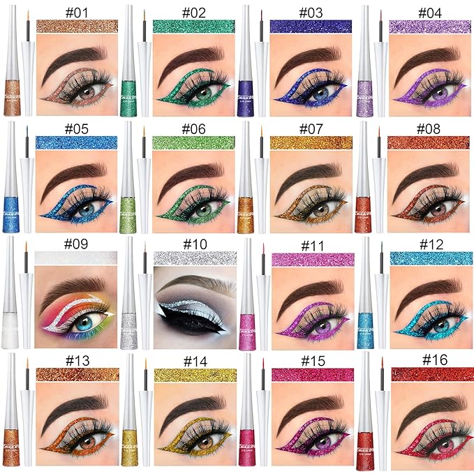 16 Colors Glitter Eyeliner Liquid Set, Metallic Glitter Liquid Eyeshadow, Waterproof Long Lasting White Silver Rose Gold Pink Colorful Rainbow Eyeliners Gifts Mother's Day for Women