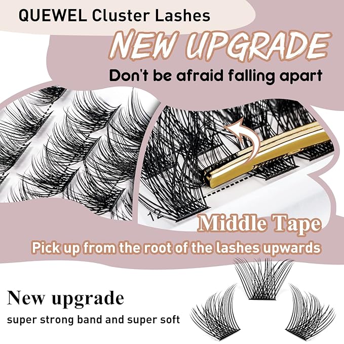 QUEWEL Cluster Lashes 72 Pcs Wide Stem Individual Lashes C/D Curl 8-16mm Length DIY Eyelash Extension False Eyelashes Soft for Personal Makeup Use at Home (natural02-C-16)