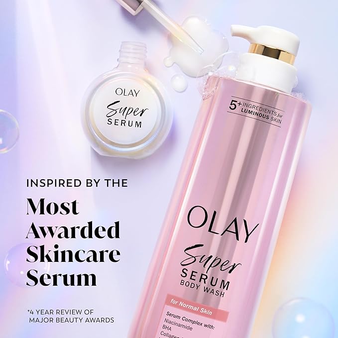 Olay Super Serum Body Wash for Normal Skin, 24hr Long Lasting Hydration, 5+ Ingredient Serum Complex for Bright Even Firm Luminous Skin, 18.5 fl oz (Pack of 4)