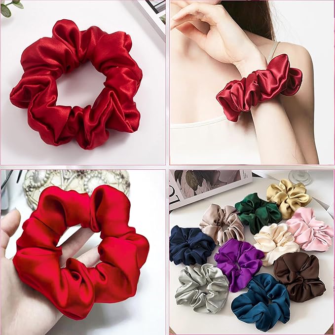 100% Pure Mulberry Silk Hair Scrunchies, 16 Momme Silk Scrunchies, Silk Hair Ties for Women Girls Curly Thick Thin Hair, Black Satin Sleep, 1 Count (01 red)