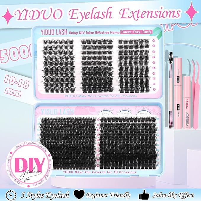 YIDUO 5 Styles Eyelash Clusters Kit 80D 100D Volume Wispy Individuals lash Extensions Kit, Volume Studio Effect, Fake Eyelashes 500Pcs All-in-1 Pack with Glue |Tweezers |Removers |Brush