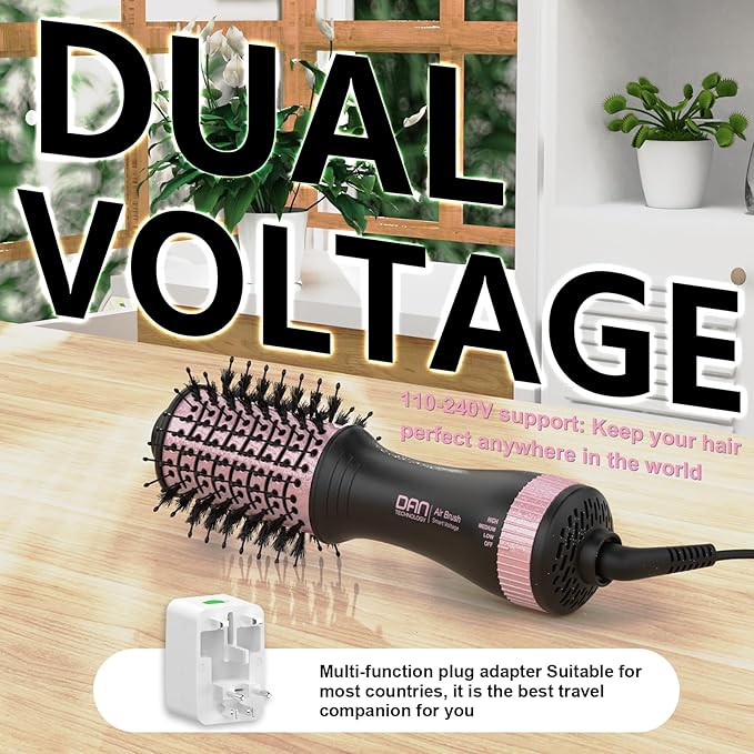 DAN (100V-240V) Auto Dual Voltage Hair Dryer Brush,Travel Hair Dryer Brush with Multi-Function Plug Adapter,Mini Blow Dryer Brush for Home and International Travel