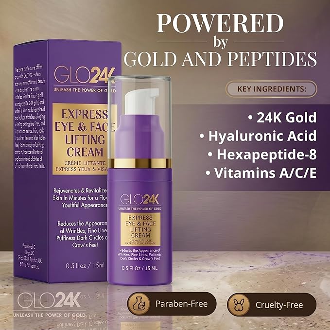GLO24K Express Eye & Face Lifting Cream with Hyaluronic Acid, Peptides, 24K Gold, and Essential Vitamins - Reduces Wrinkles, Fine Lines, and Puffiness - Suitable for All Skin Types