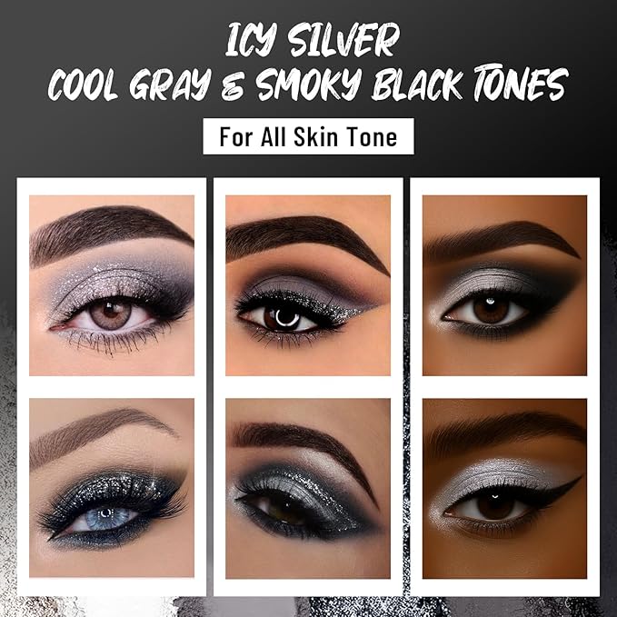 SUSIKEKI Black Eyeshadow Palette with Mirror Silver Gray Black Tones Matte Shimmer Smokey 6 Colors Mini Eye Shadow Pallet Travel Size Highly Pigmented for Vampire Clown Joker Goth Halloween Makeup