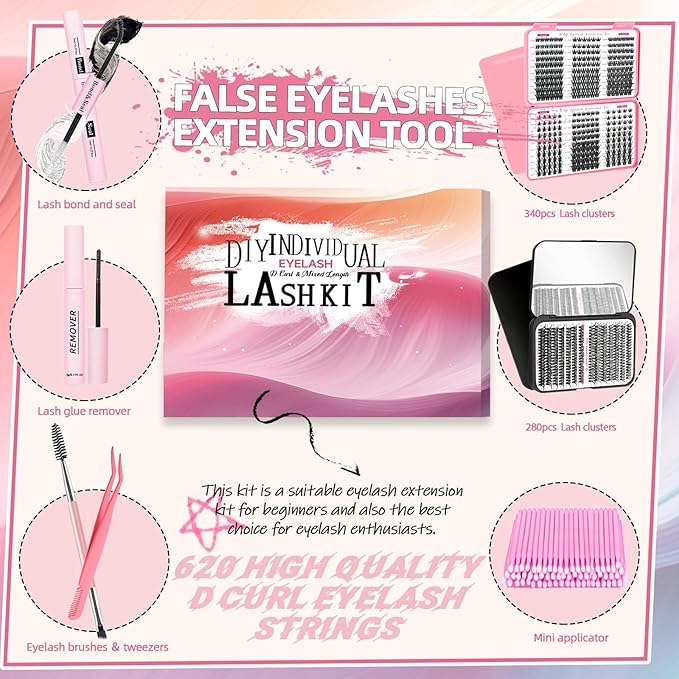QUKLOGEN DIY Wispy Lash Extension Kit 620Pcs D Curl 6 styles Individual Lash Clusters Eyelash Extension with Lash Bond and Seal,Quick Glue Remover Tweezers Eyelash Brush Mini Applicator