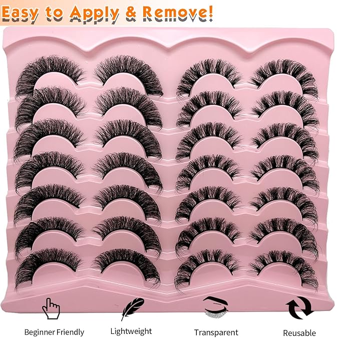 loladook D Curl Lashes Strips Natural False Eyelashes Mink Wispy Cat Eye 16mm Wispies 3D Volume Eyelashes Pack Faux Mink Lashes that Look Like Extensions