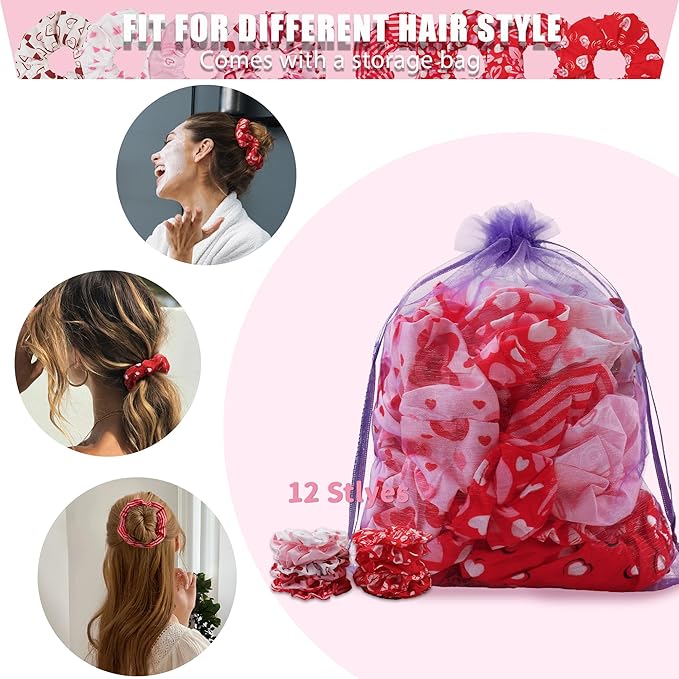 12 Pcs Scrunchies for Women, Charming Pink Scrunchies for Girls, Cute Elastic Hair Bands Hair Ties, Perfect for Romantic Valentine's Day Gifts(Sweetheart Pink)